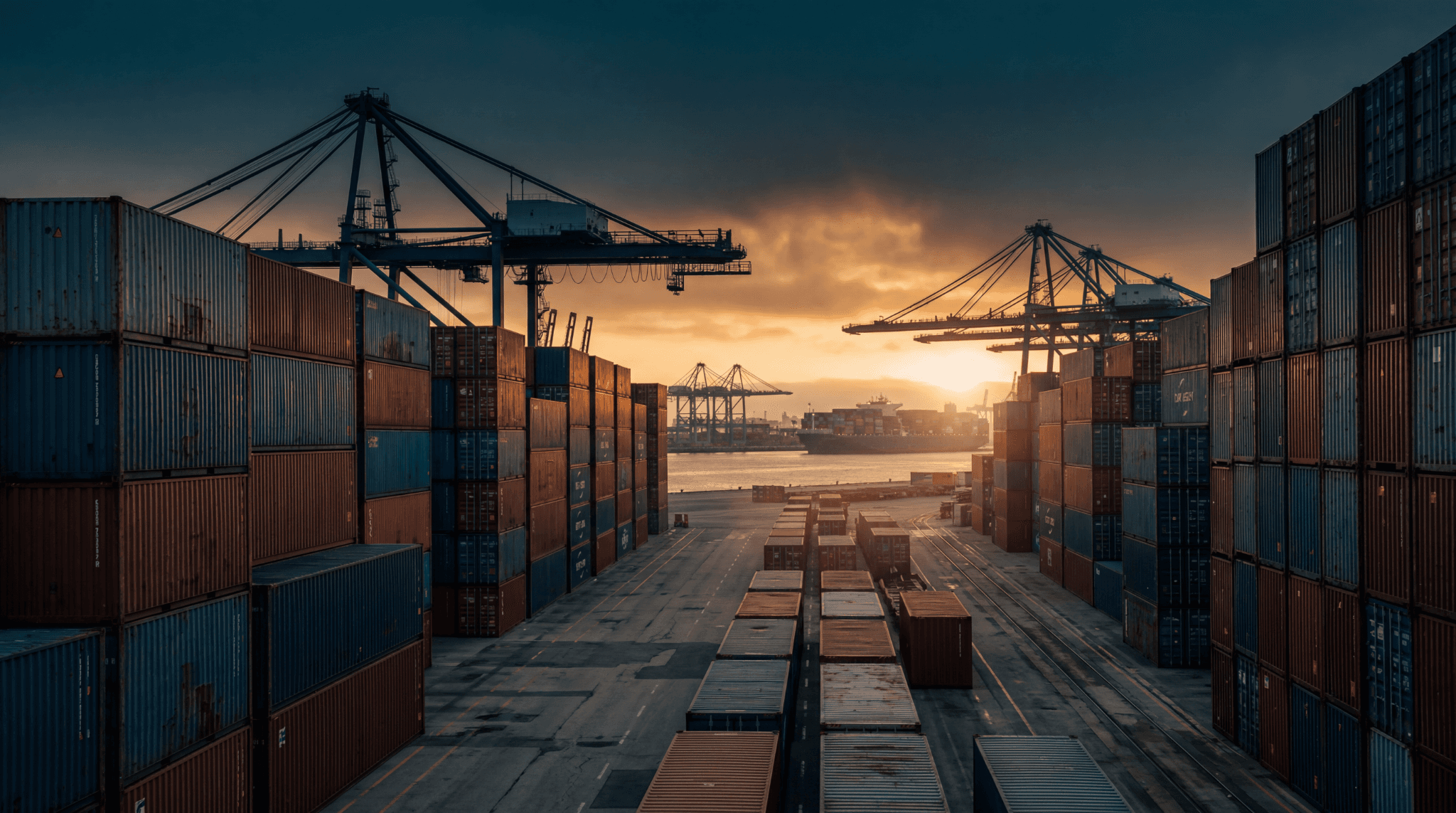 Aerial view of a global shipping container port at sunset